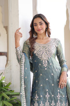 Prazu Fashion Light Grey Fendi Silk Coding Sequins Embroidered Work Sharara Suit - Distacart
