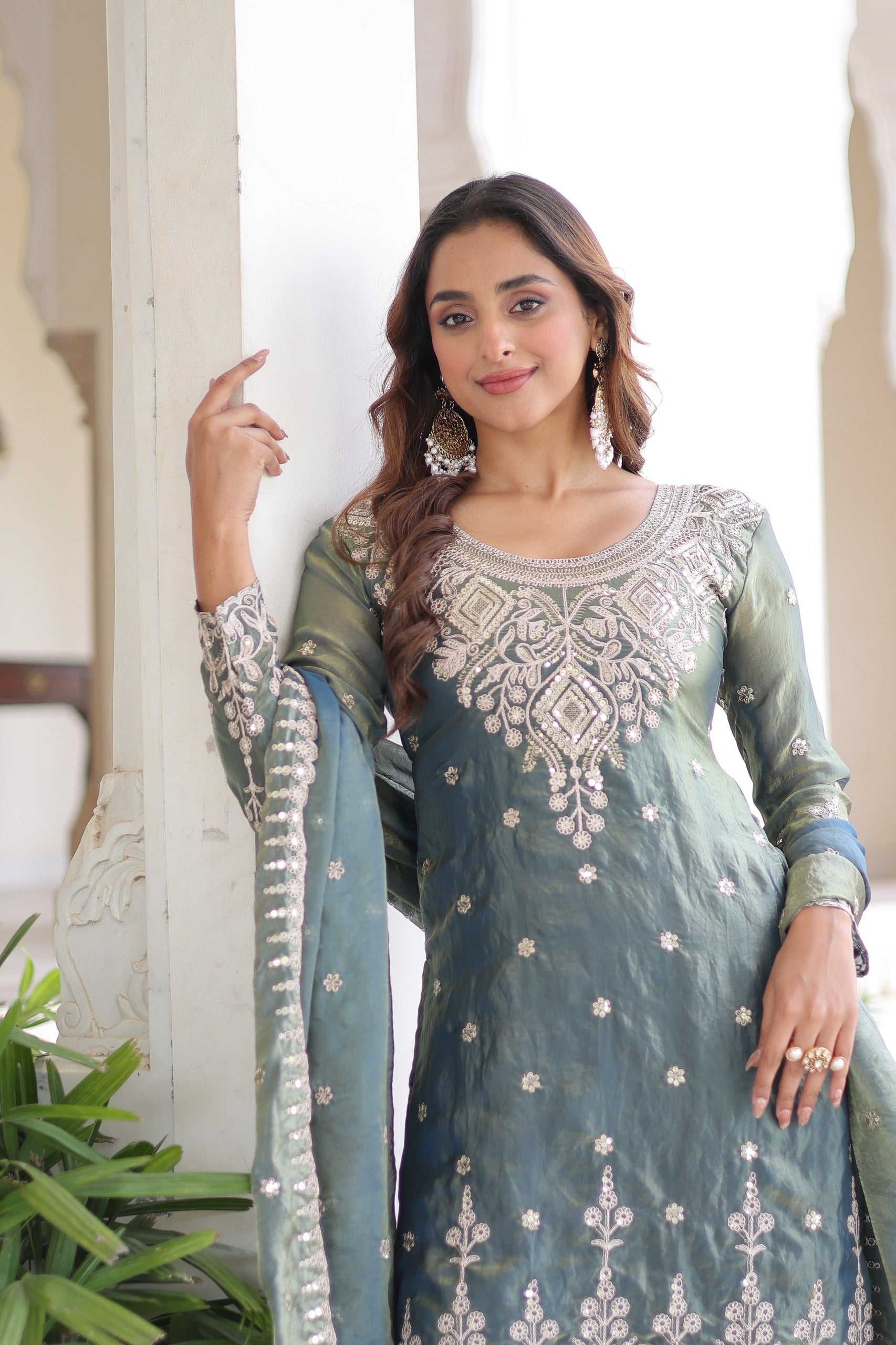 Prazu Fashion Light Grey Fendi Silk Coding Sequins Embroidered Work Sharara Suit - Distacart