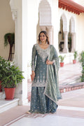 Prazu Fashion Light Grey Fendi Silk Coding Sequins Embroidered Work Sharara Suit - Distacart