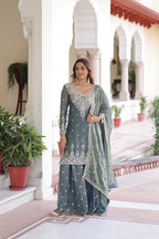 Prazu Fashion Light Grey Fendi Silk Coding Sequins Embroidered Work Sharara Suit - Distacart