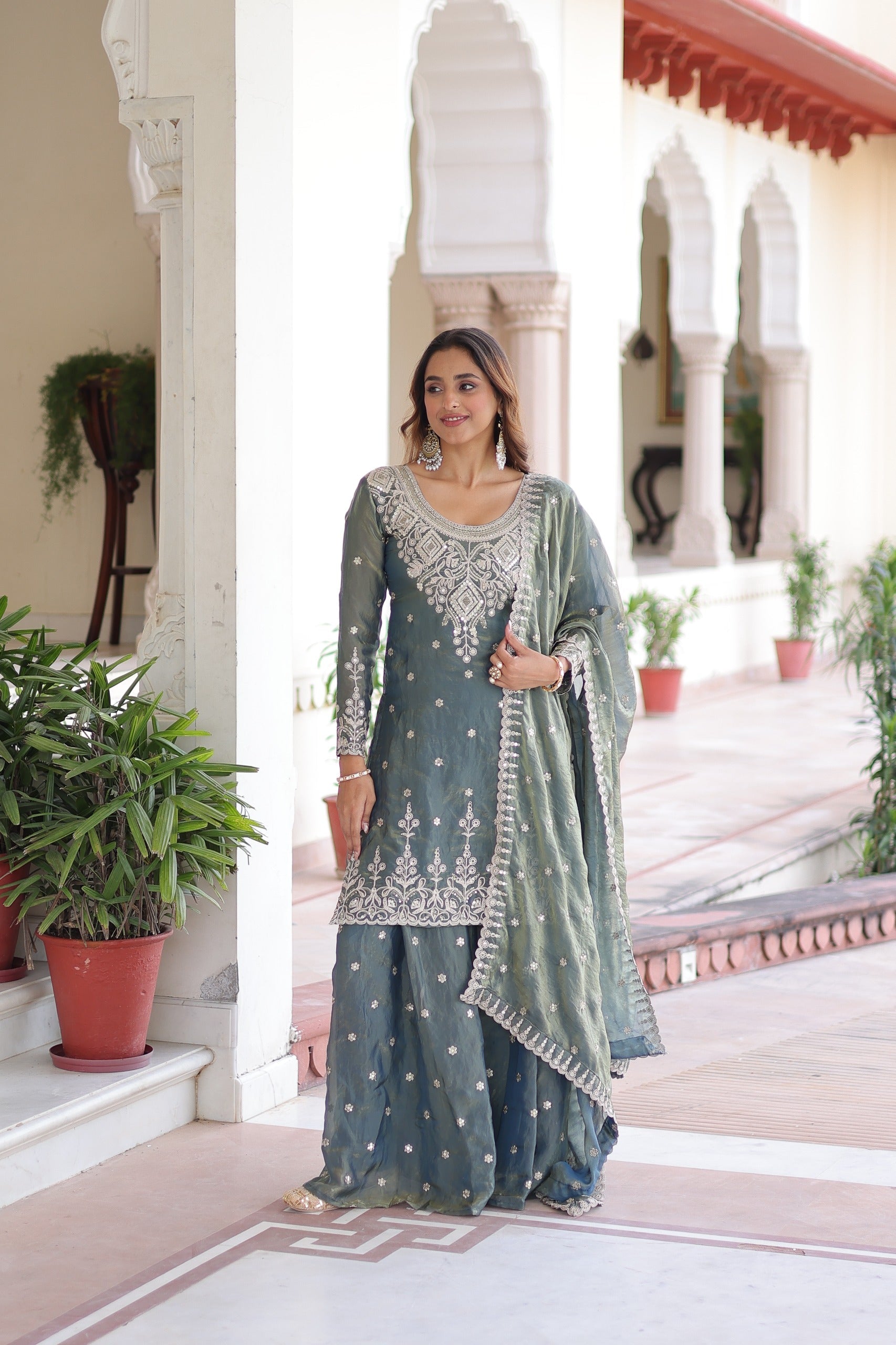 Prazu Fashion Light Grey Fendi Silk Coding Sequins Embroidered Work Sharara Suit - Distacart