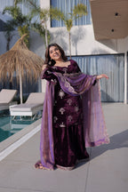 Prazu Fashion Wine Velvet Rich Zari Embroidered Work Palazzo Suit - Distacart
