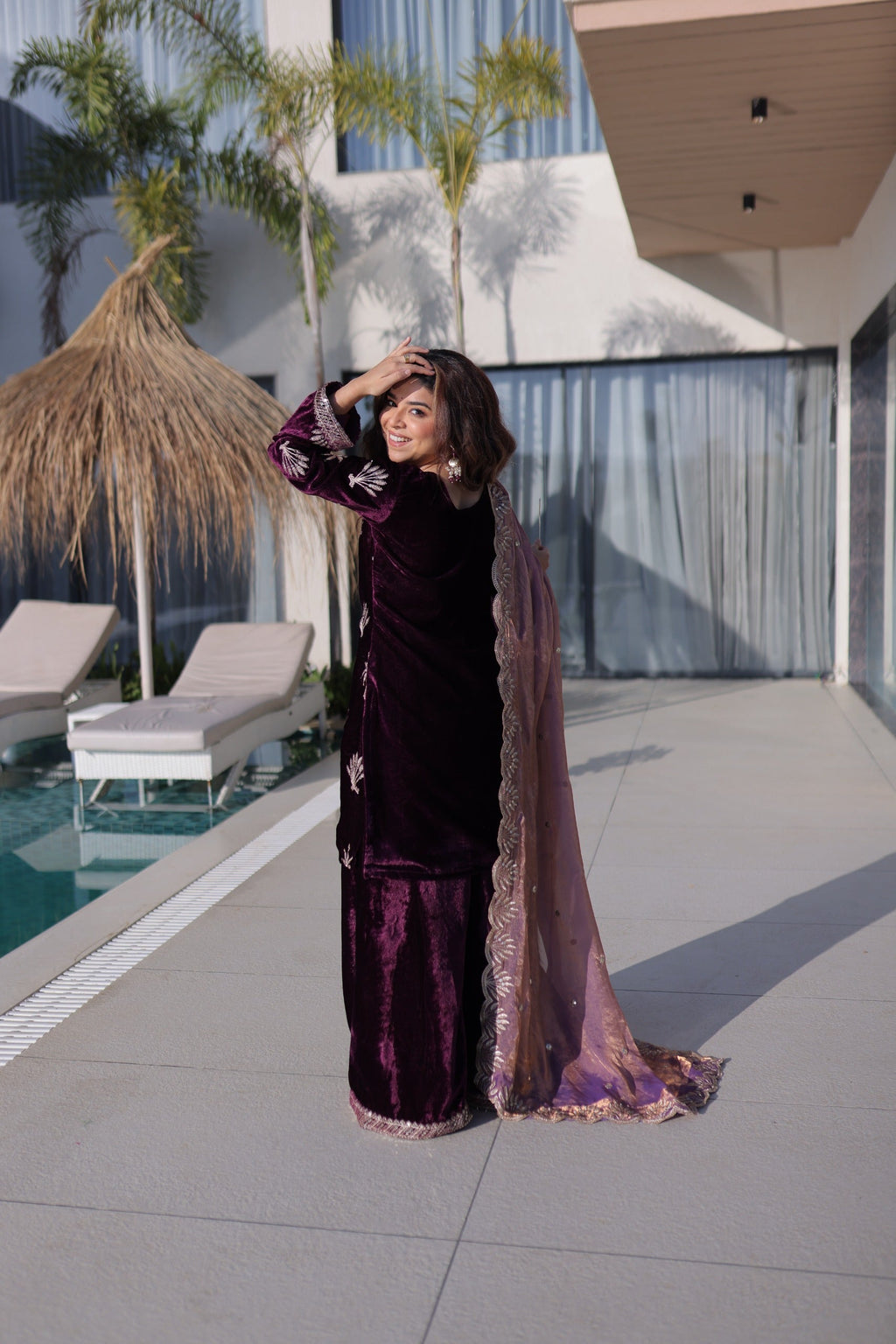 Prazu Fashion Wine Velvet Rich Zari Embroidered Work Palazzo Suit - Distacart