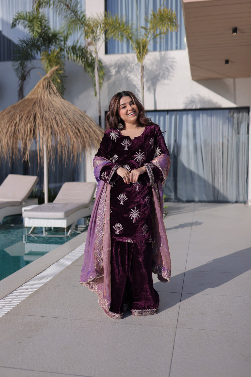 Prazu Fashion Wine Velvet Rich Zari Embroidered Work Palazzo Suit - Distacart