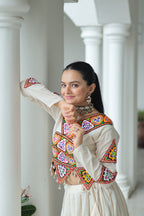 Prazu Fashion Off White Kora Cotton Kutchi Gamthi Navaratri Lehenga