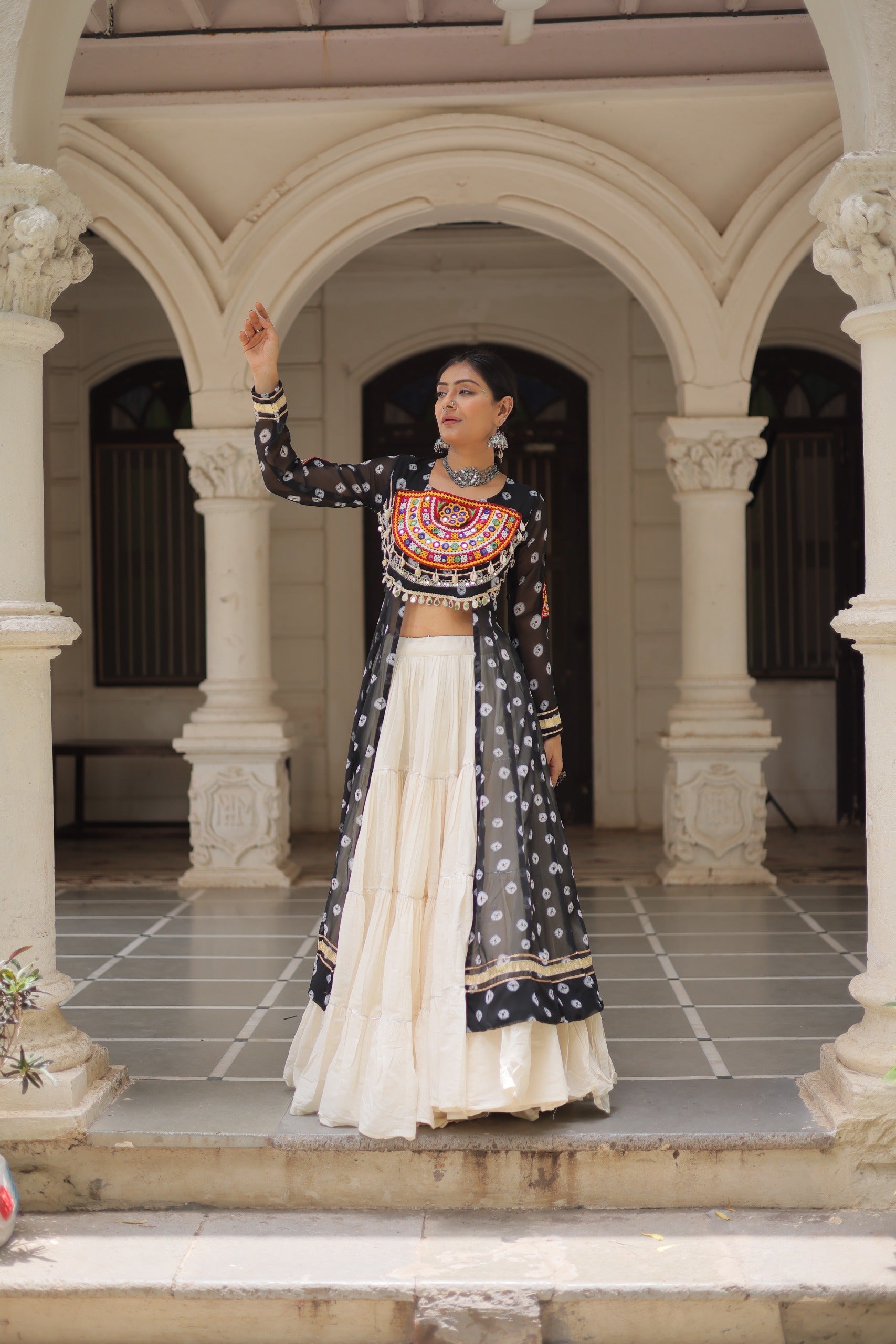 Prazu Fashion Black Georgette Bandhani Print With Kutchi Patchwork Navratri Lehenga Kurti