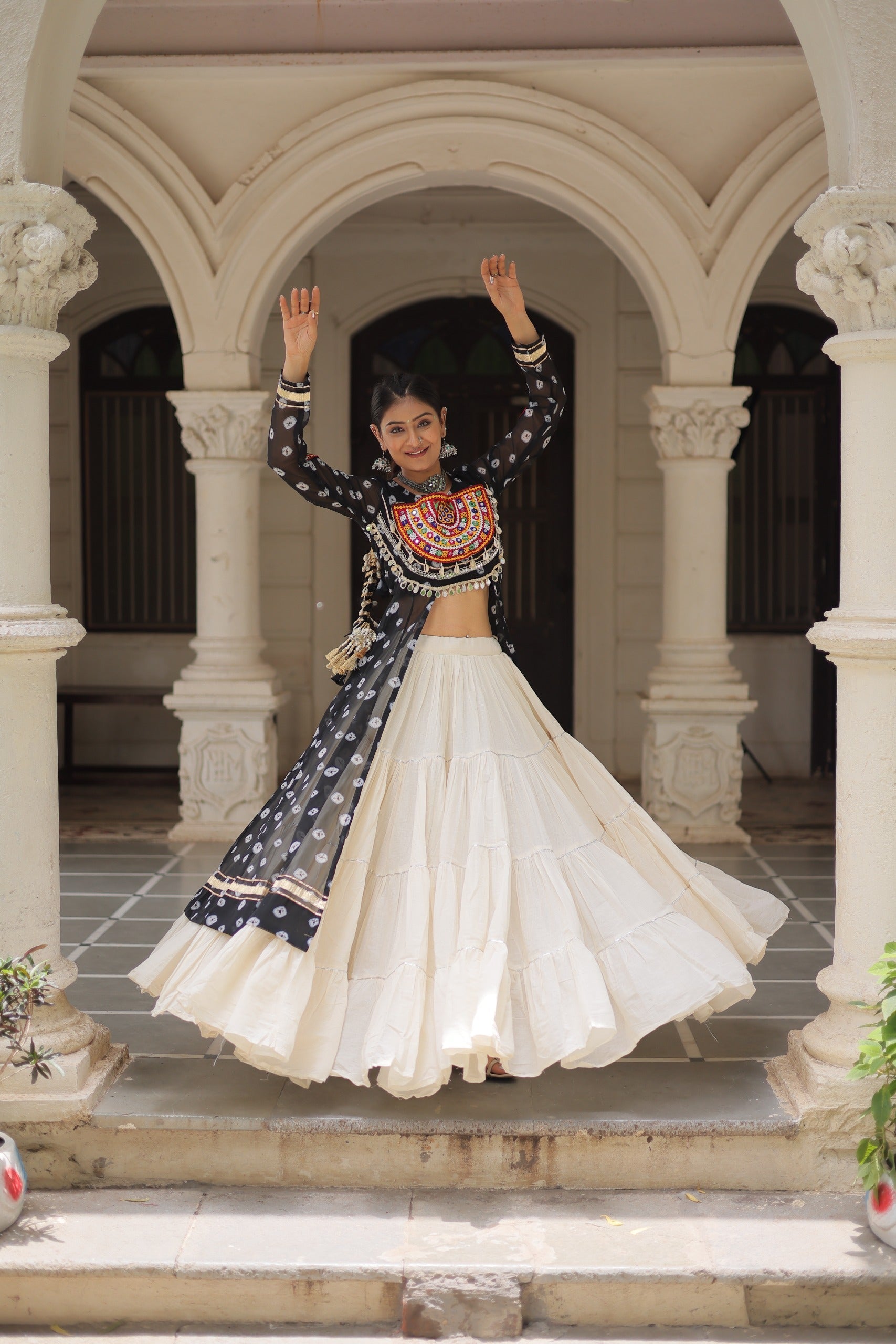 Prazu Fashion Black Georgette Bandhani Print With Kutchi Patchwork Navratri Lehenga Kurti