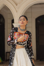 Prazu Fashion Black Georgette Bandhani Print With Kutchi Patchwork Navratri Lehenga Kurti