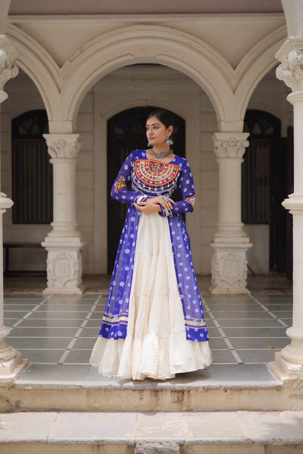 Prazu Fashion Blue Georgette Bandhani Print With Kutchi Patchwork Navratri Lehenga Kurti