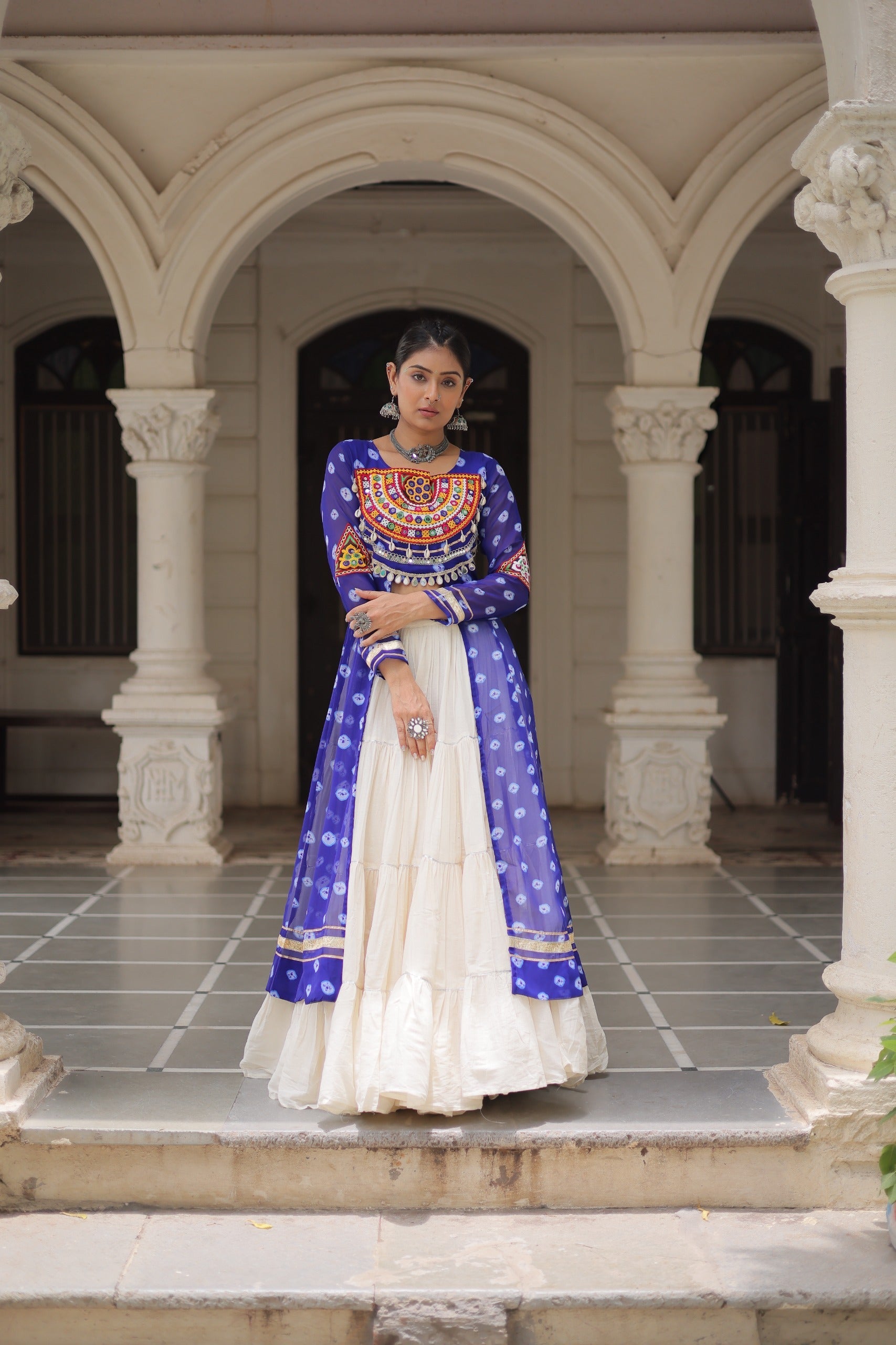 Prazu Fashion Blue Georgette Bandhani Print With Kutchi Patchwork Navratri Lehenga Kurti