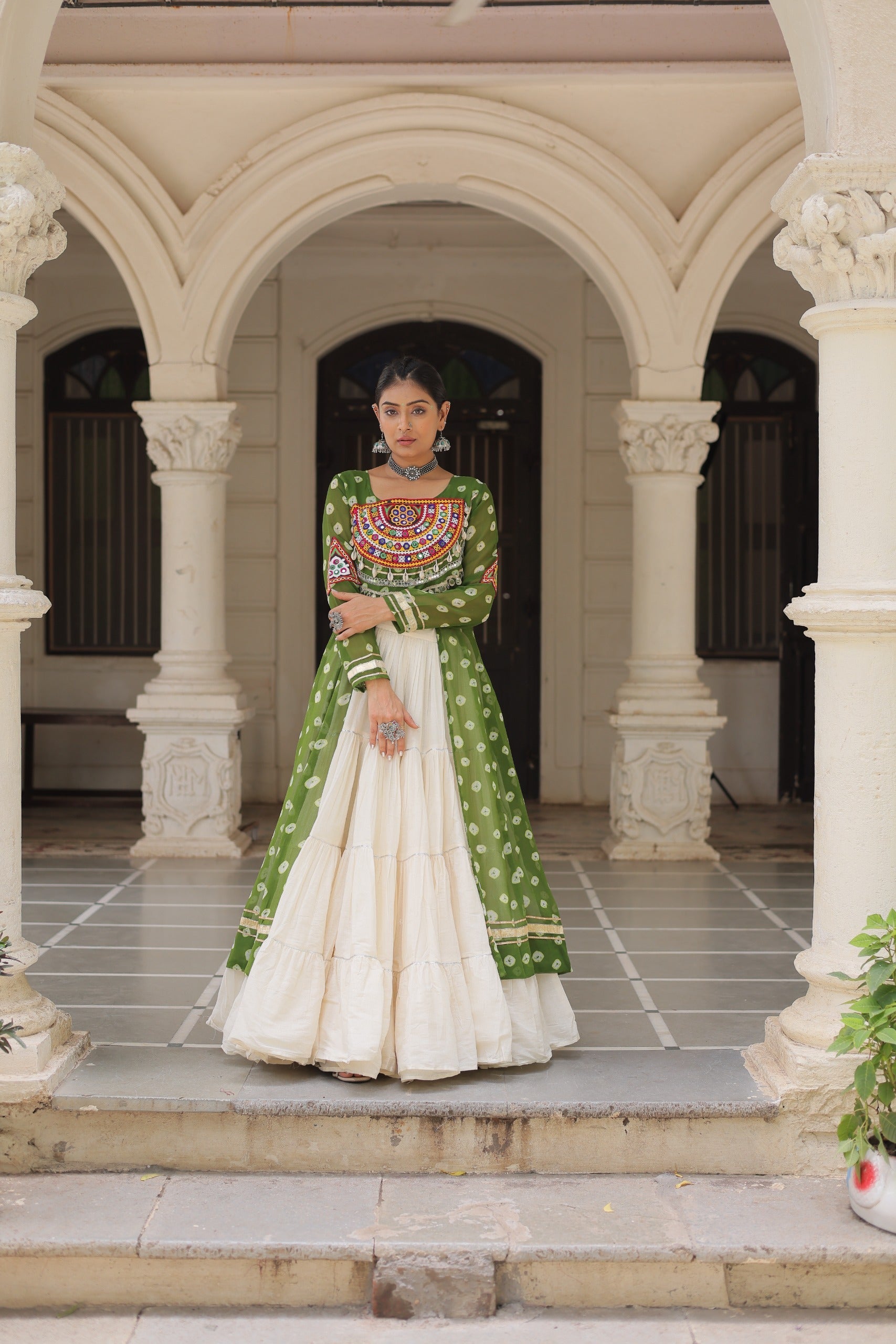 Prazu Fashion Mehendi Georgette Bandhani Print With Kutchi Patchwork Navratri Lehenga Kurti