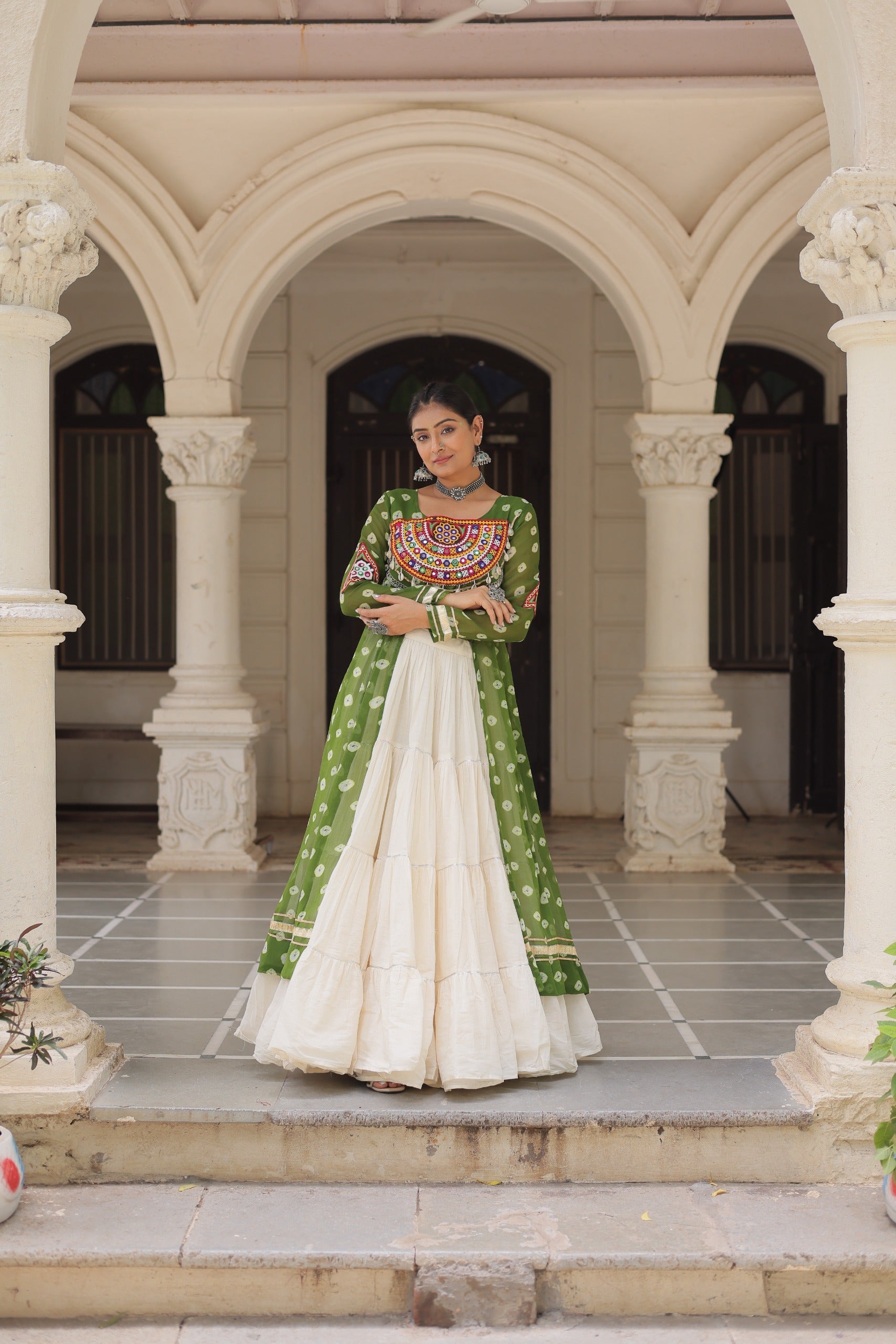 Prazu Fashion Mehendi Georgette Bandhani Print With Kutchi Patchwork Navratri Lehenga Kurti