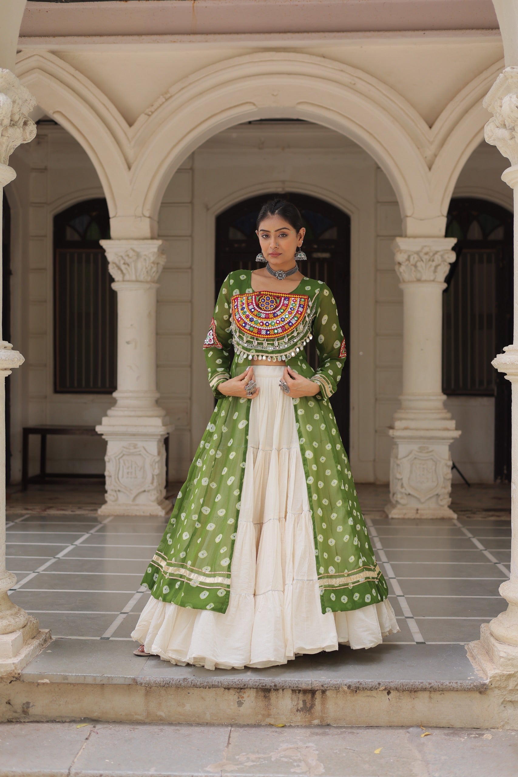 Prazu Fashion Mehendi Georgette Bandhani Print With Kutchi Patchwork Navratri Lehenga Kurti