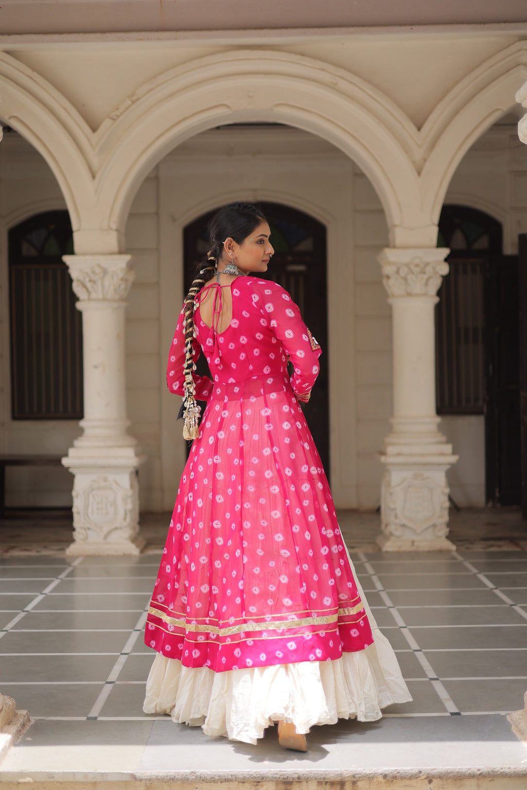 Prazu Fashion Pink Georgette Bandhani Print With Kutchi Patchwork Navratri Lehenga Kurti