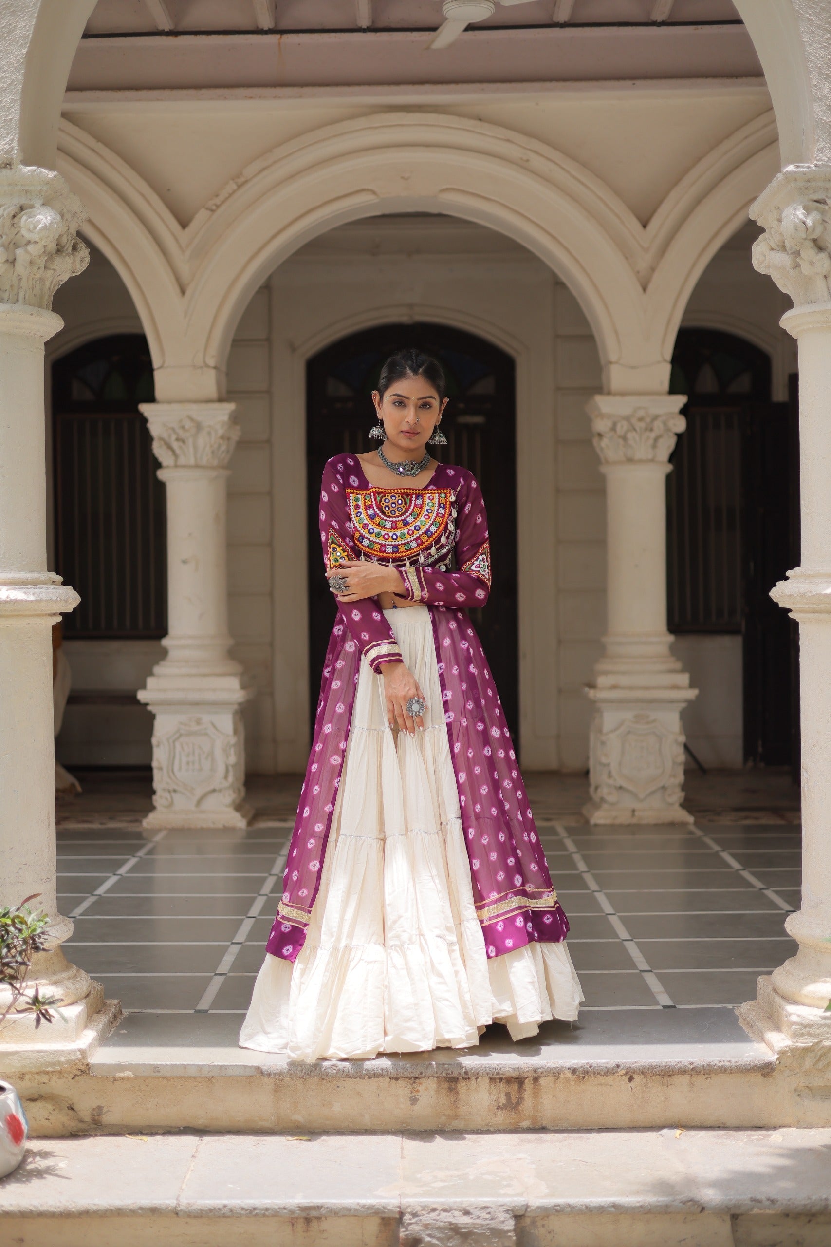 Prazu Fashion Wine Georgette Bandhani Print With Kutchi Patchwork Navratri Lehenga Kurti