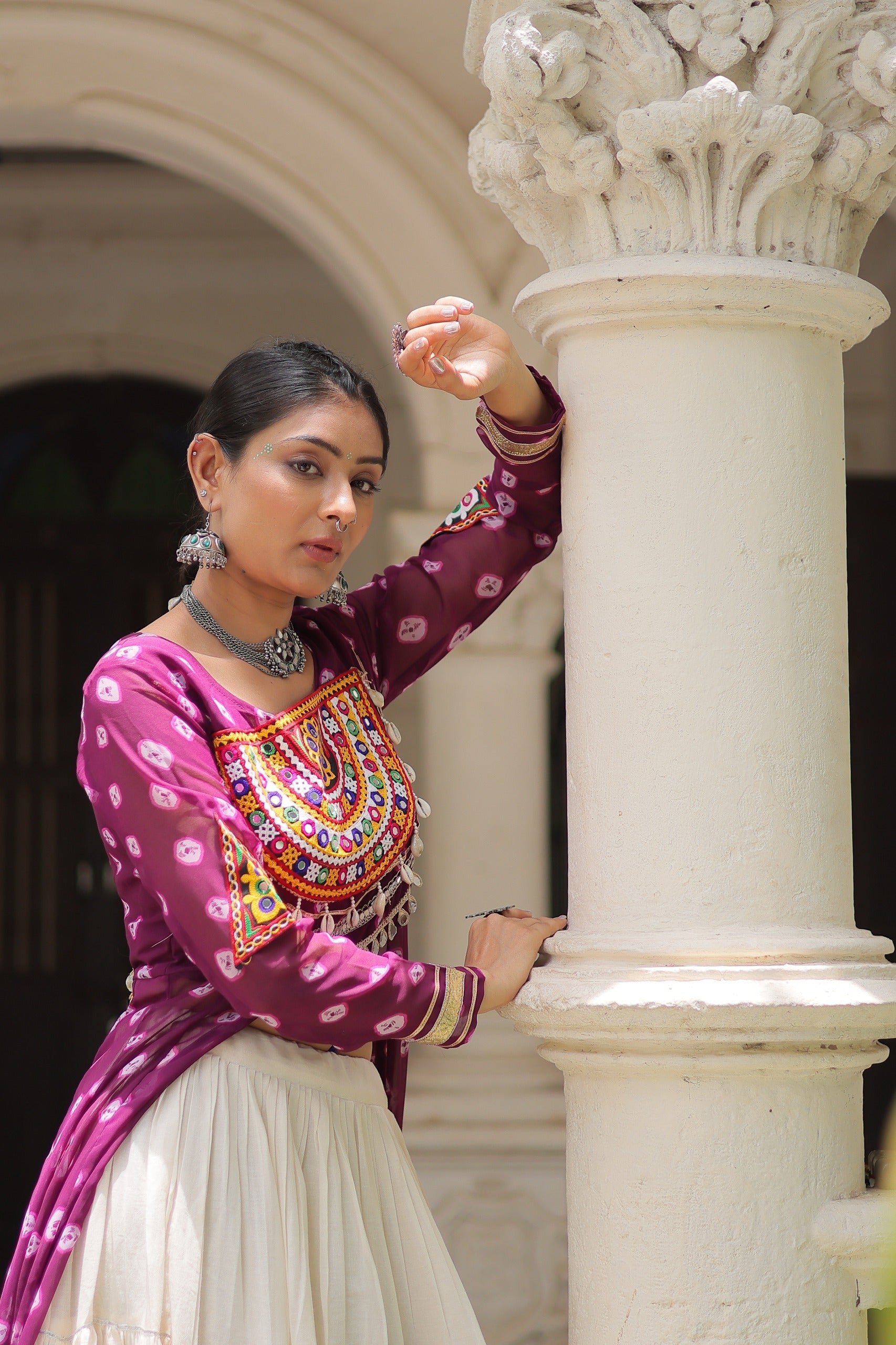 Prazu Fashion Wine Georgette Bandhani Print With Kutchi Patchwork Navratri Lehenga Kurti
