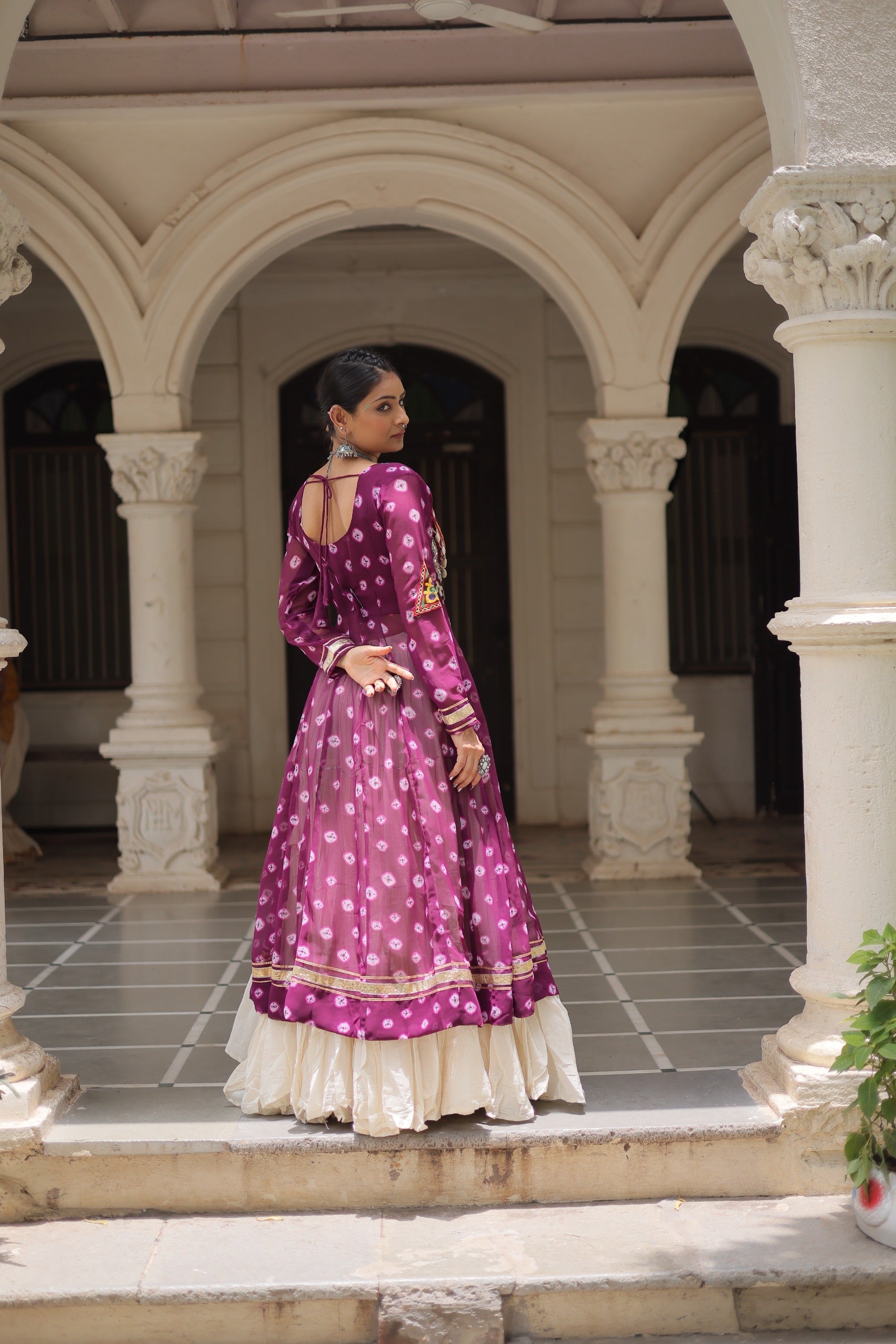 Prazu Fashion Wine Georgette Bandhani Print With Kutchi Patchwork Navratri Lehenga Kurti