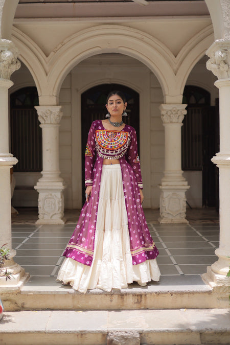 Prazu Fashion Wine Georgette Bandhani Print With Kutchi Patchwork Navratri Lehenga Kurti