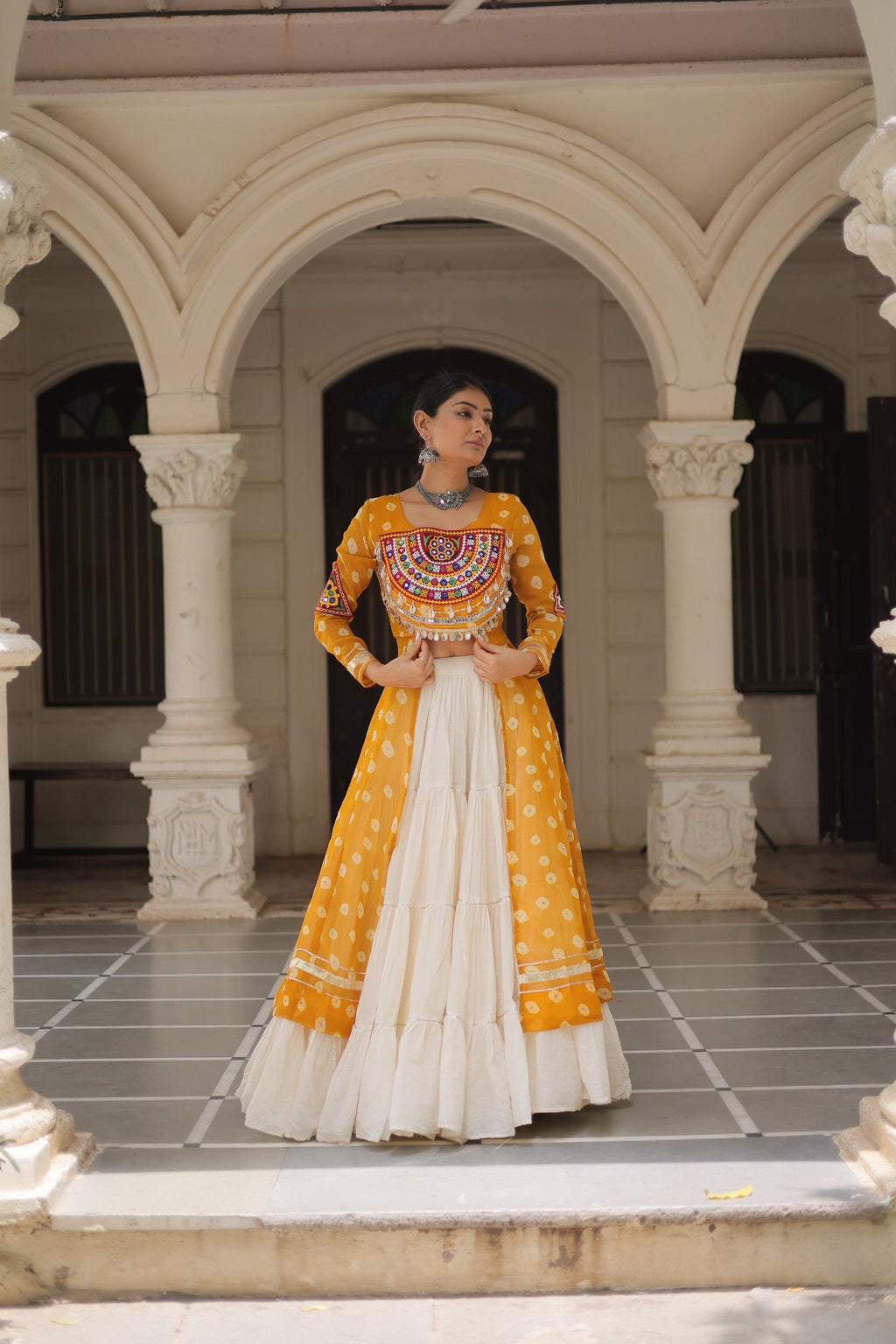 Prazu Fashion Yellow Georgette Bandhani Print With Kutchi Patchwork Navratri Lehenga Kurti