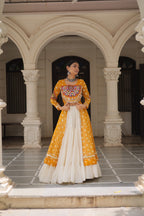 Prazu Fashion Yellow Georgette Bandhani Print With Kutchi Patchwork Navratri Lehenga Kurti