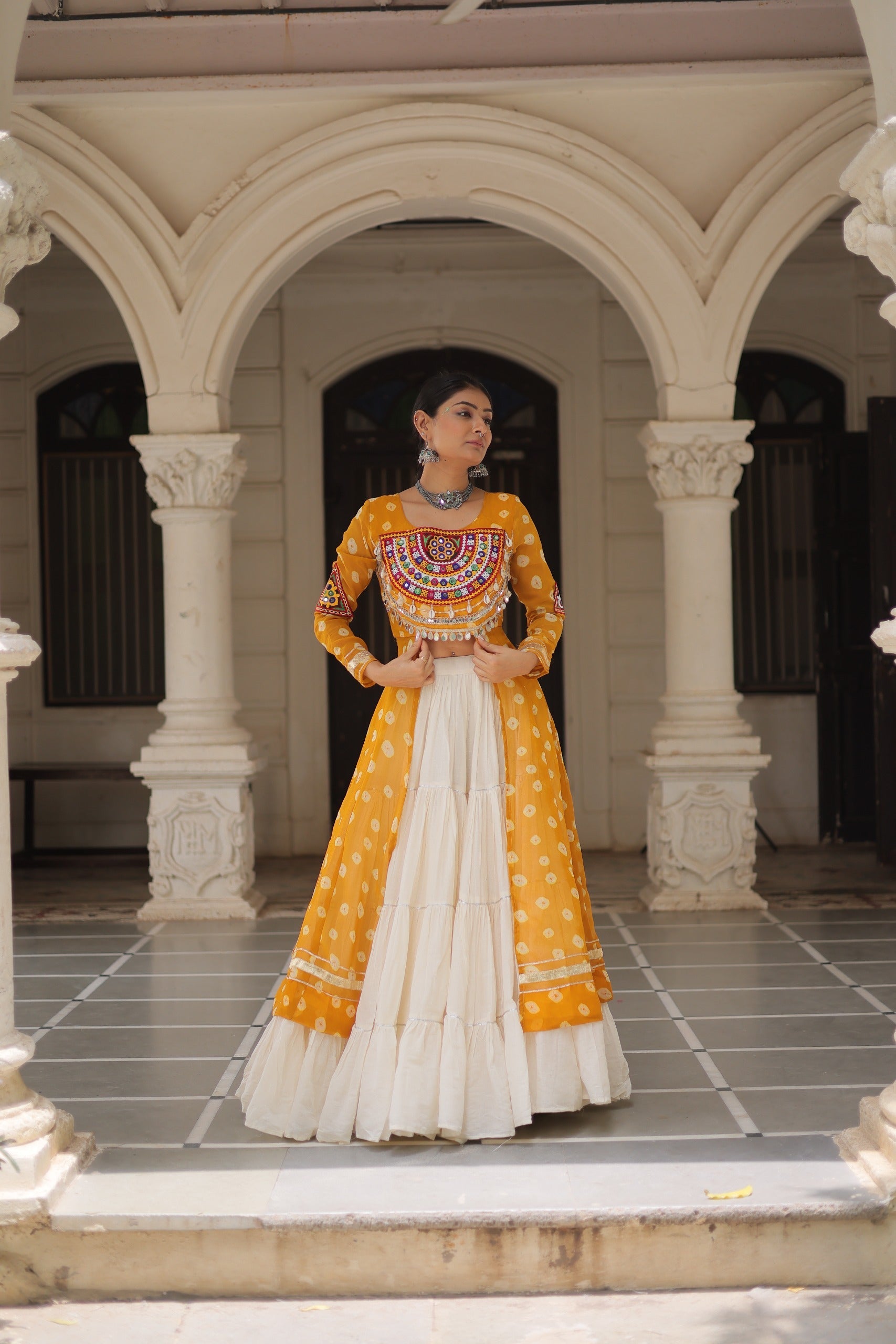 Prazu Fashion Yellow Georgette Bandhani Print With Kutchi Patchwork Navratri Lehenga Kurti