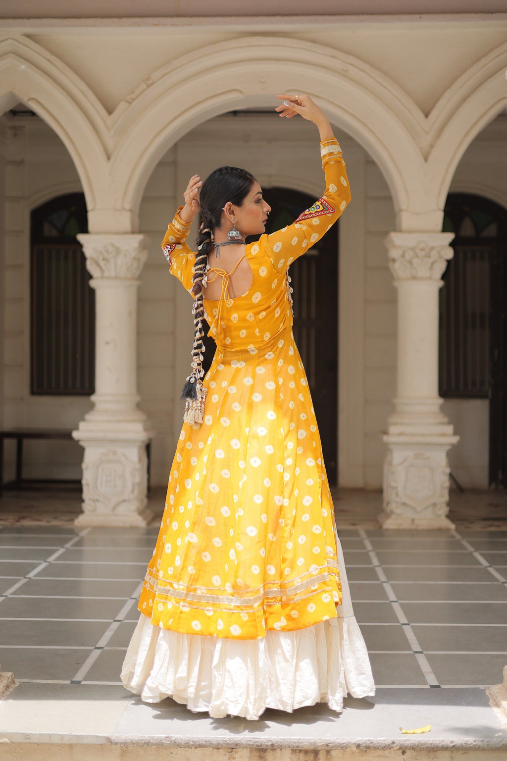 Prazu Fashion Yellow Georgette Bandhani Print With Kutchi Patchwork Navratri Lehenga Kurti