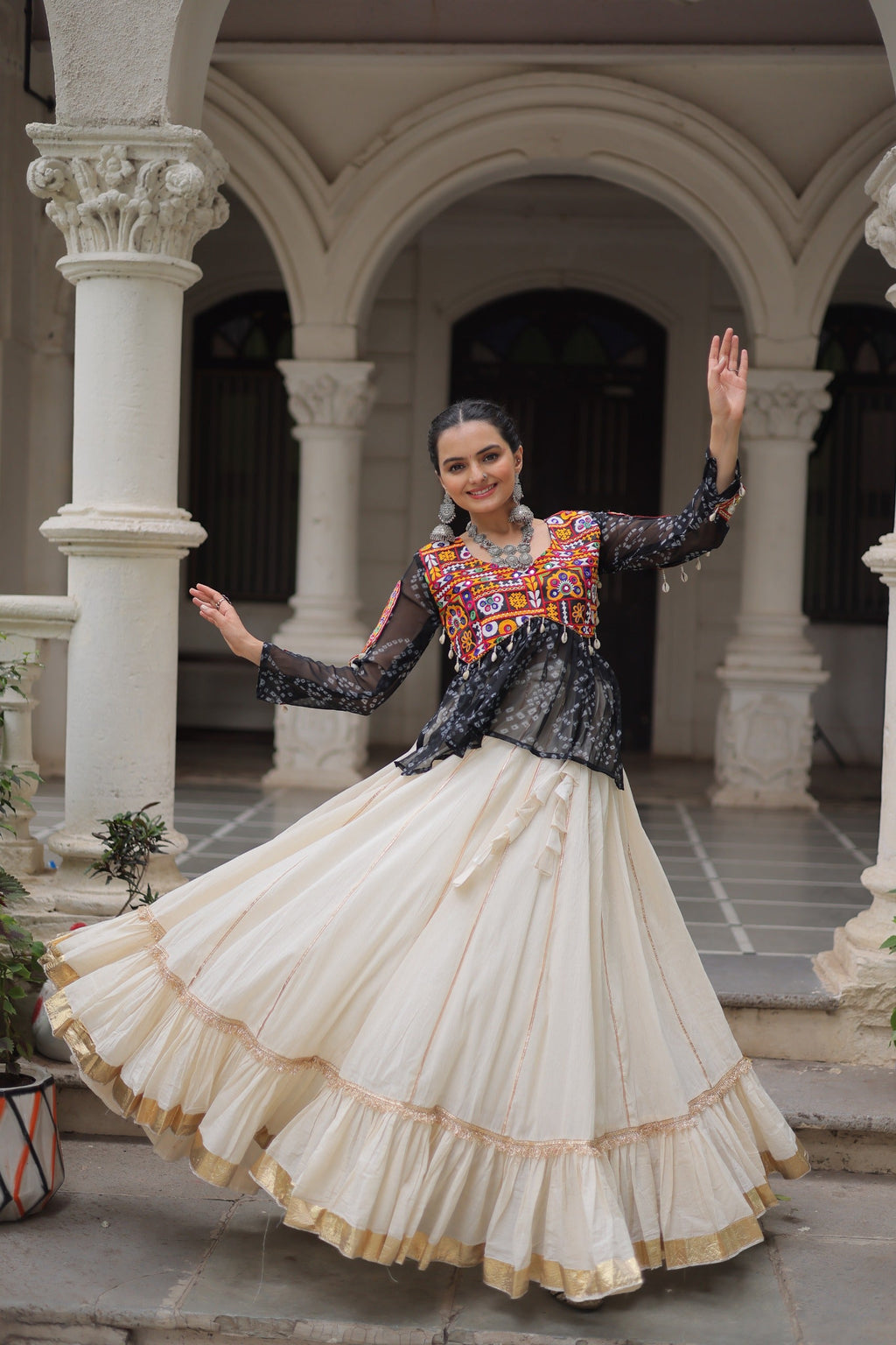 Prazu Fashion Black Georgette Bandhani Print With Kutchi Gamthi Navratri Lehenga