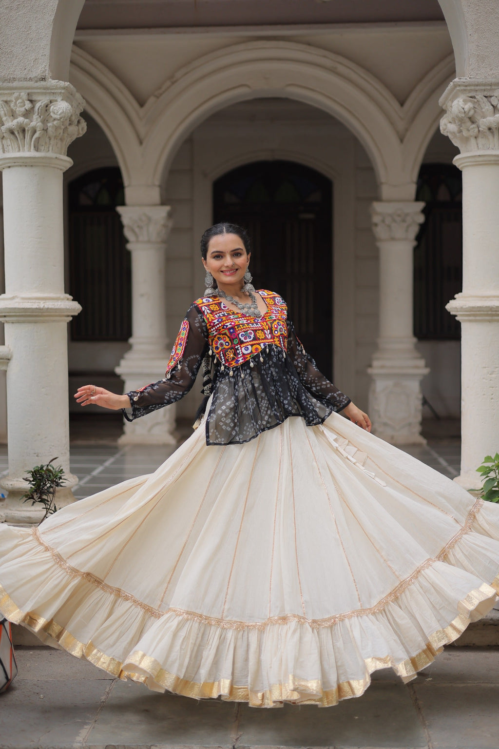 Prazu Fashion Black Georgette Bandhani Print With Kutchi Gamthi Navratri Lehenga