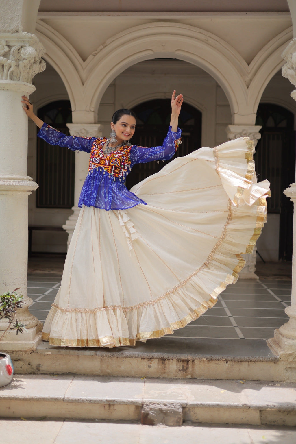 Prazu Fashion Blue Georgette Bandhani Print With Kutchi Gamthi Navratri Lehenga