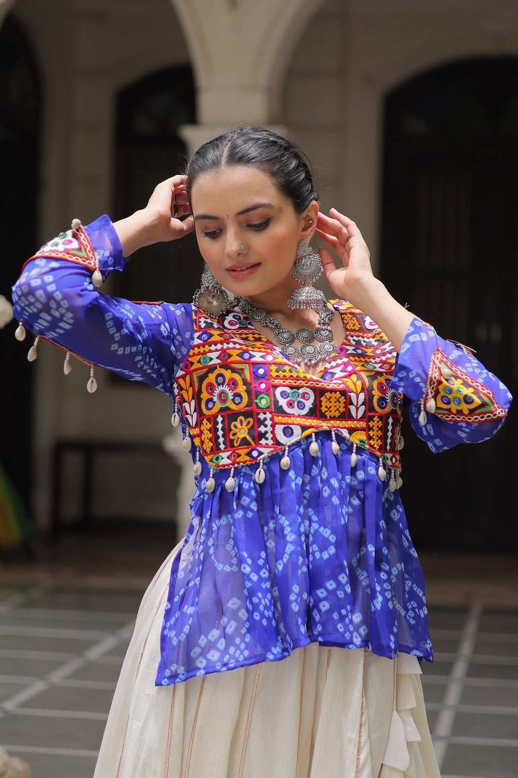 Prazu Fashion Blue Georgette Bandhani Print With Kutchi Gamthi Navratri Lehenga
