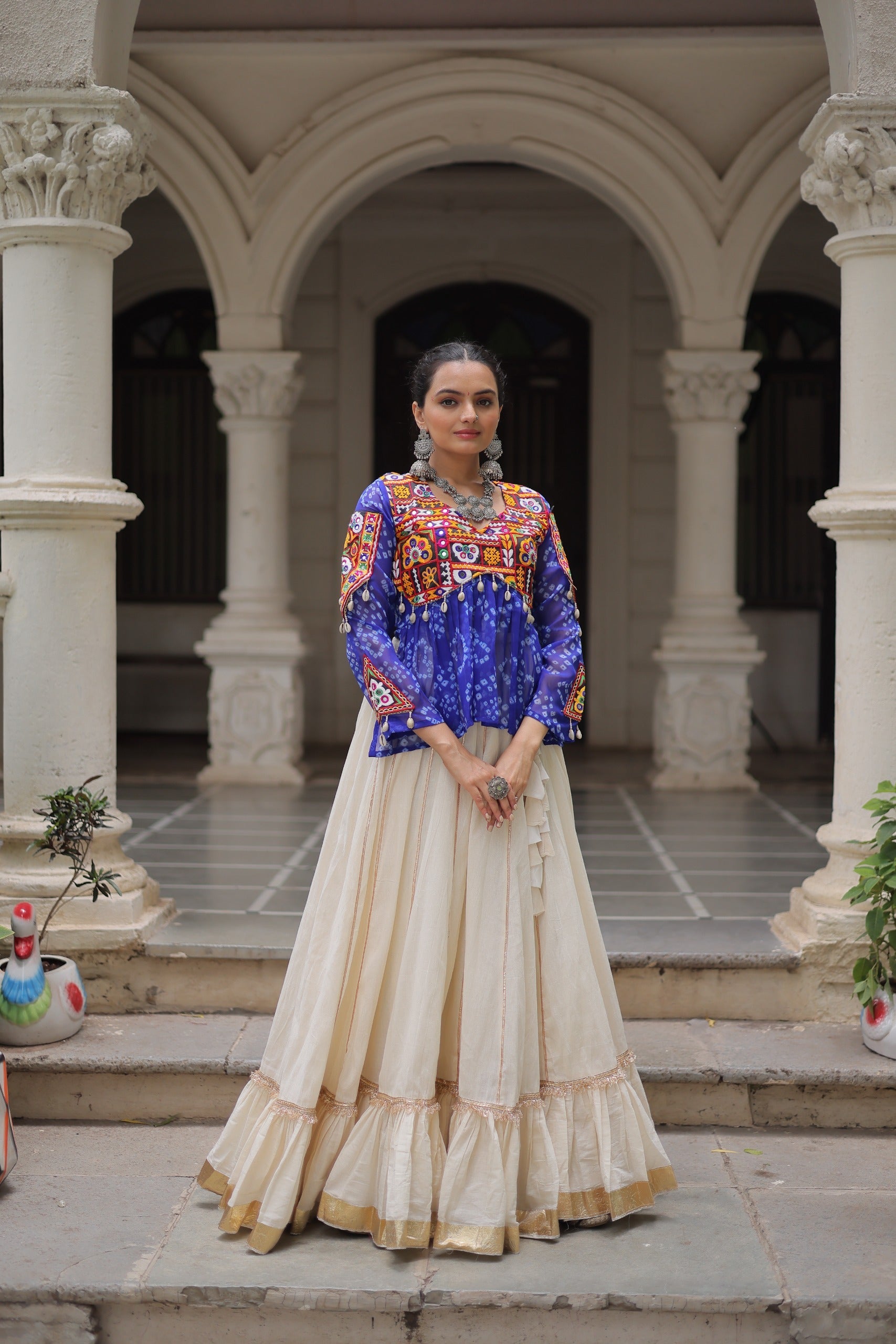 Prazu Fashion Blue Georgette Bandhani Print With Kutchi Gamthi Navratri Lehenga