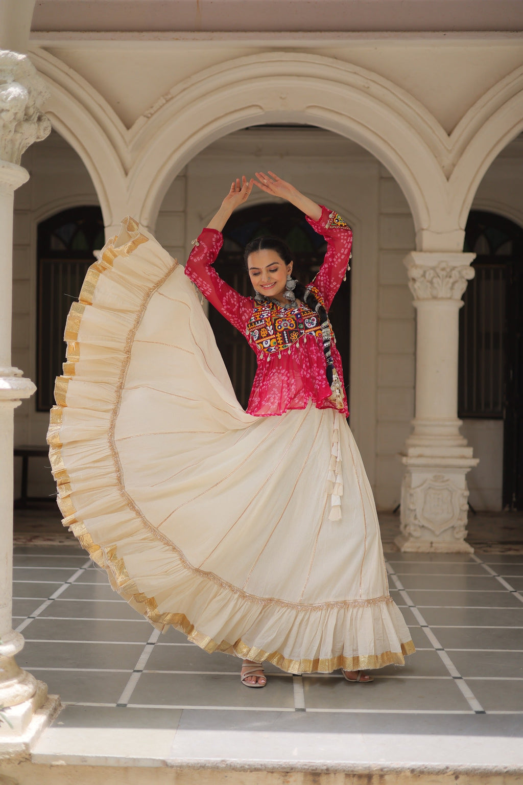 Prazu Fashion Pink Georgette Bandhani Print With Kutchi Gamthi Navratri Lehenga