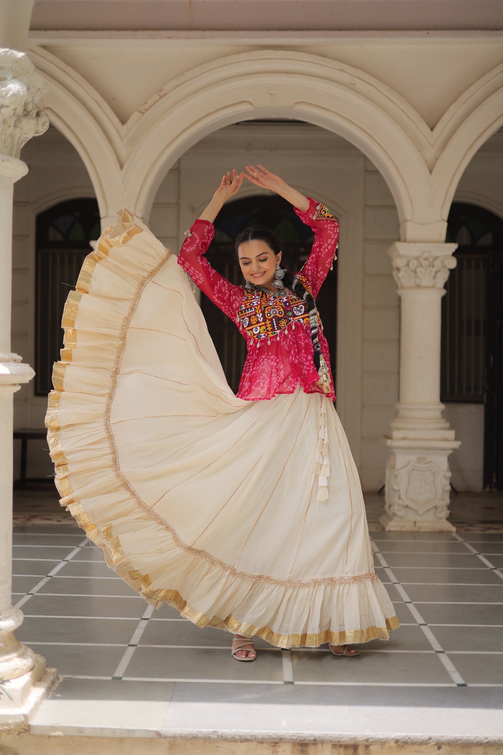 Prazu Fashion Pink Georgette Bandhani Print With Kutchi Gamthi Navratri Lehenga