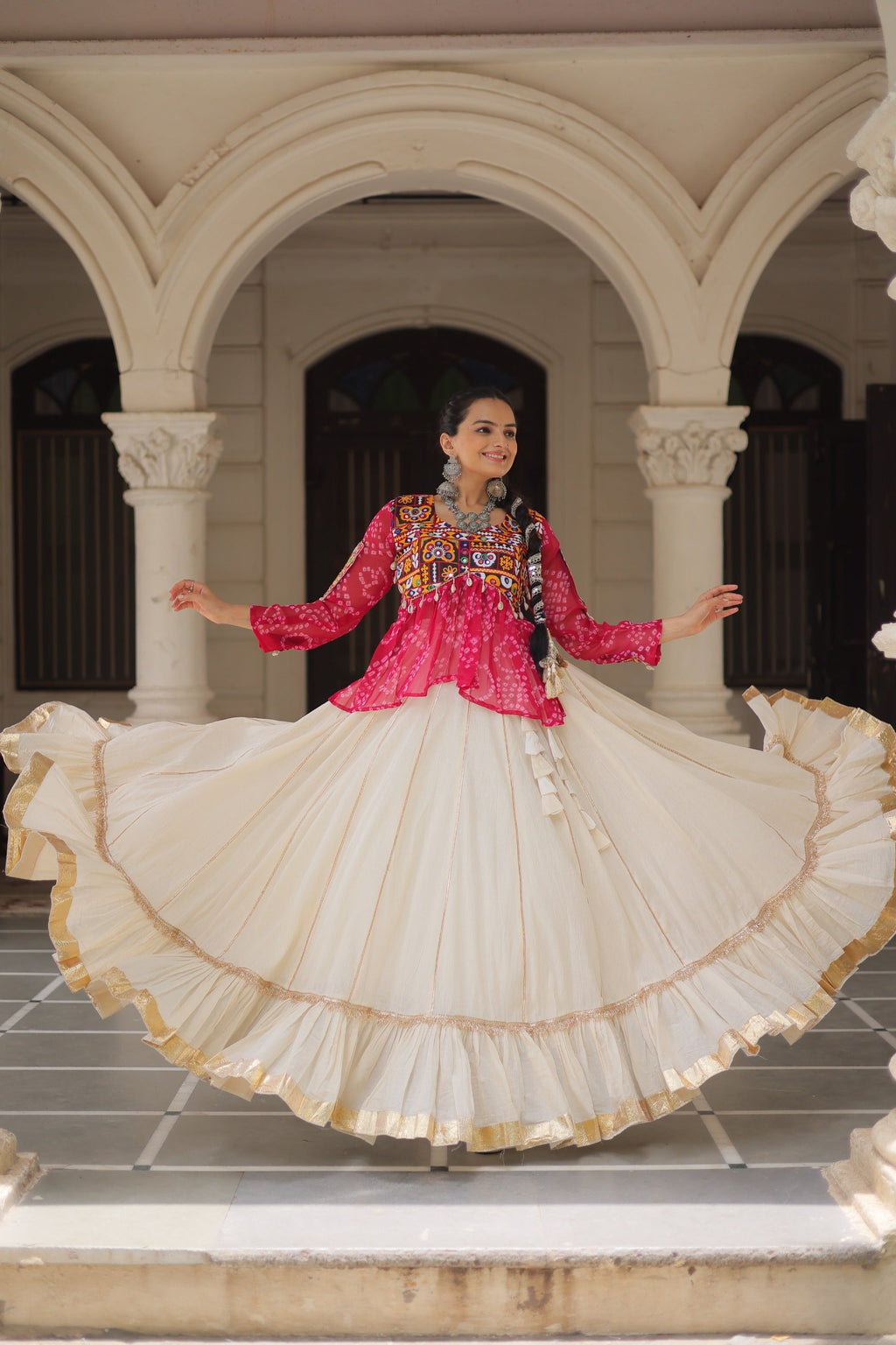 Prazu Fashion Pink Georgette Bandhani Print With Kutchi Gamthi Navratri Lehenga