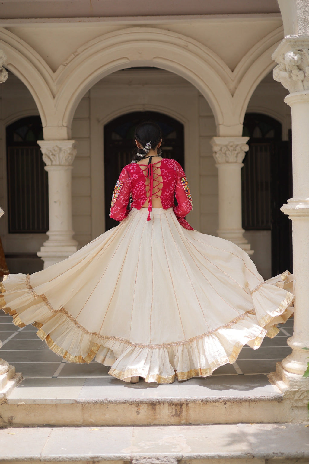 Prazu Fashion Pink Georgette Bandhani Print With Kutchi Gamthi Navratri Lehenga
