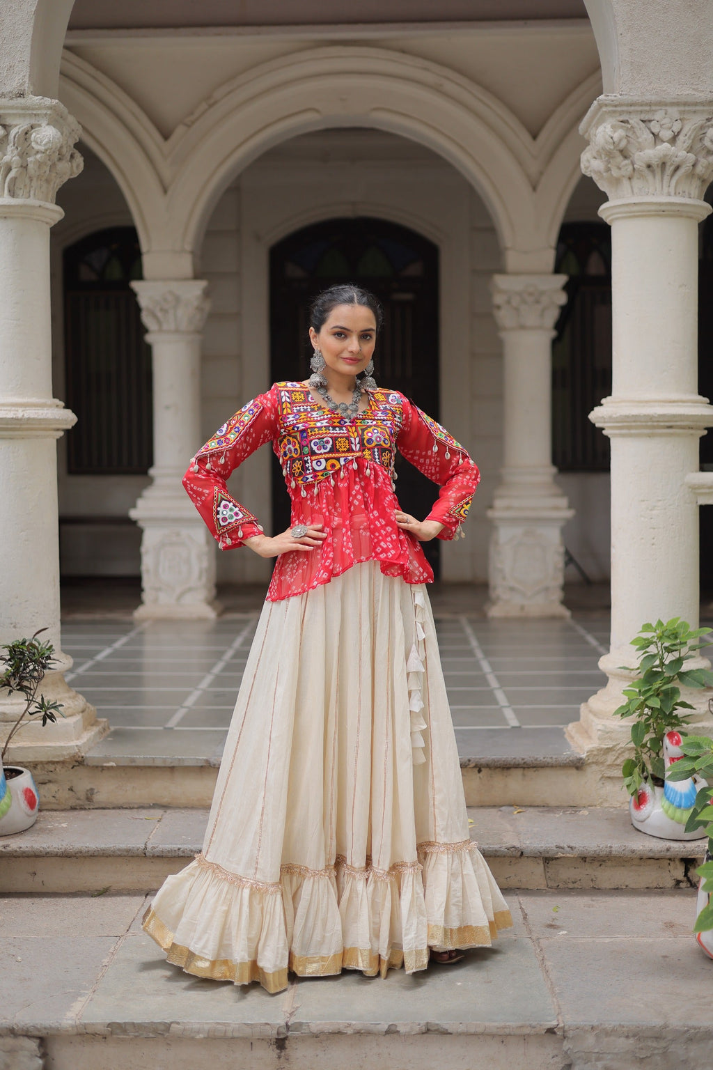 Prazu Fashion Red Georgette Bandhani Print With Kutchi Gamthi Navratri Lehenga