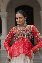 Prazu Fashion Red Georgette Bandhani Print With Kutchi Gamthi Navratri Lehenga
