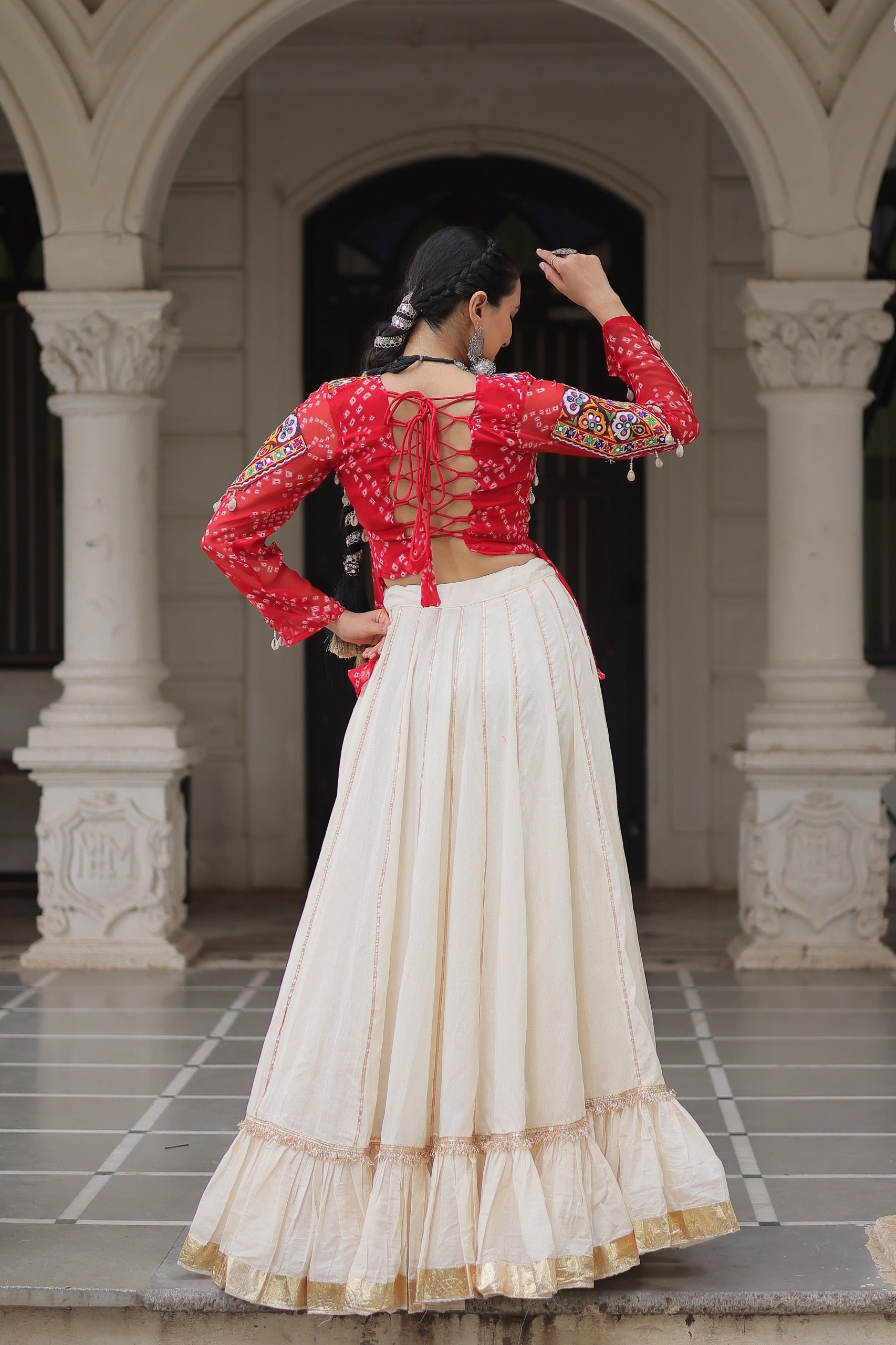 Prazu Fashion Red Georgette Bandhani Print With Kutchi Gamthi Navratri Lehenga