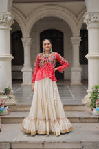 Prazu Fashion Red Georgette Bandhani Print With Kutchi Gamthi Navratri Lehenga