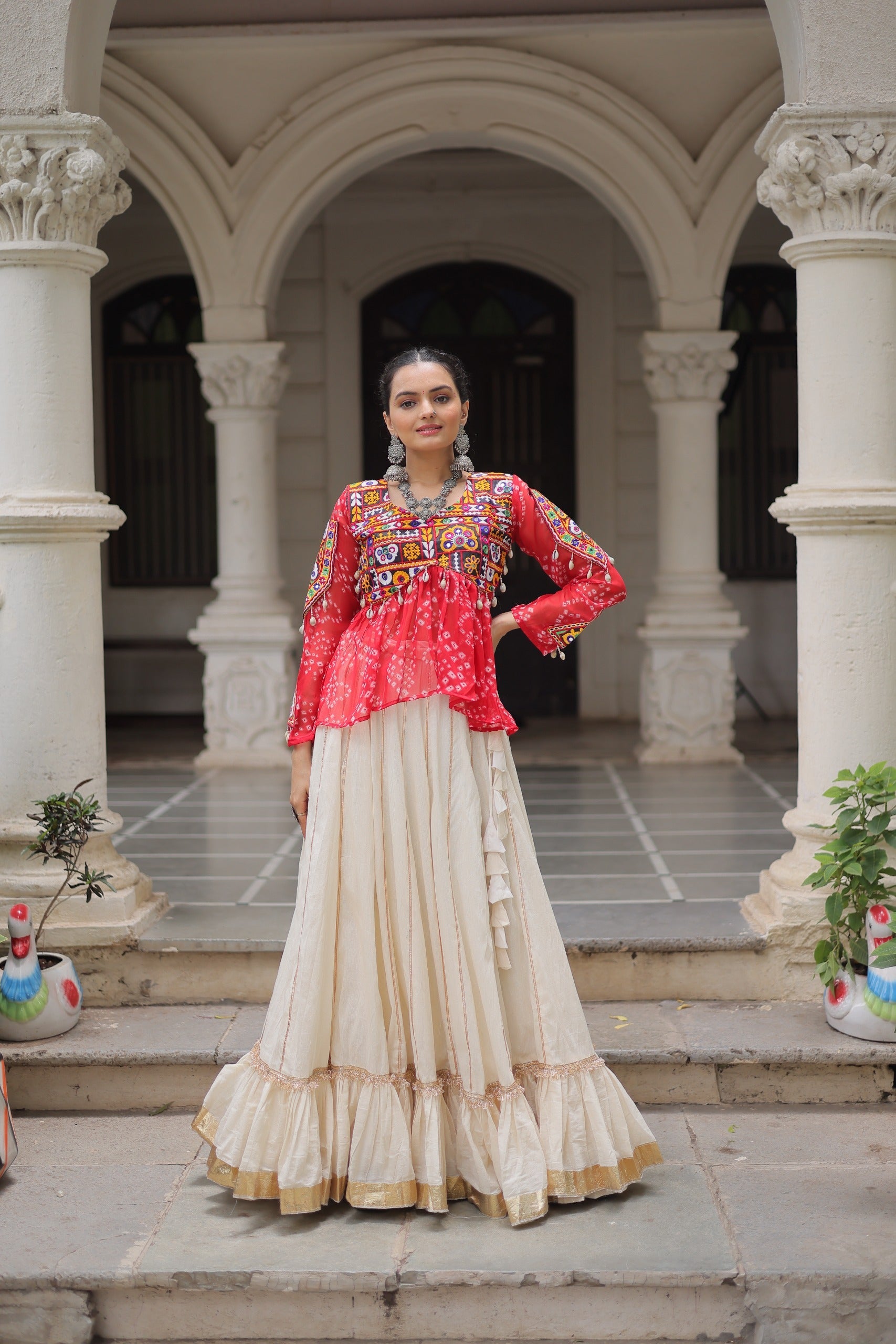Prazu Fashion Red Georgette Bandhani Print With Kutchi Gamthi Navratri Lehenga