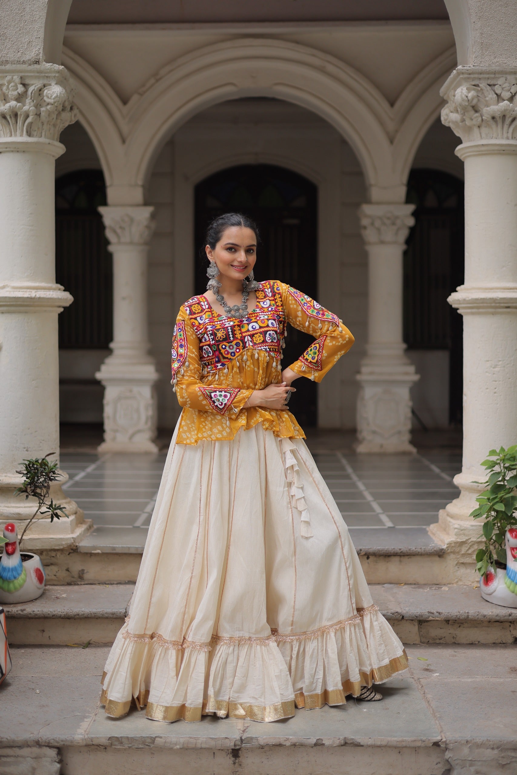 Prazu Fashion Yellow Georgette Bandhani Print With Kutchi Gamthi Navratri Lehenga