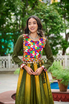 Prazu Fashion Multicolor Chinnon Padding Kutchi Gamthi Embroidered Work Navratri Lehenga