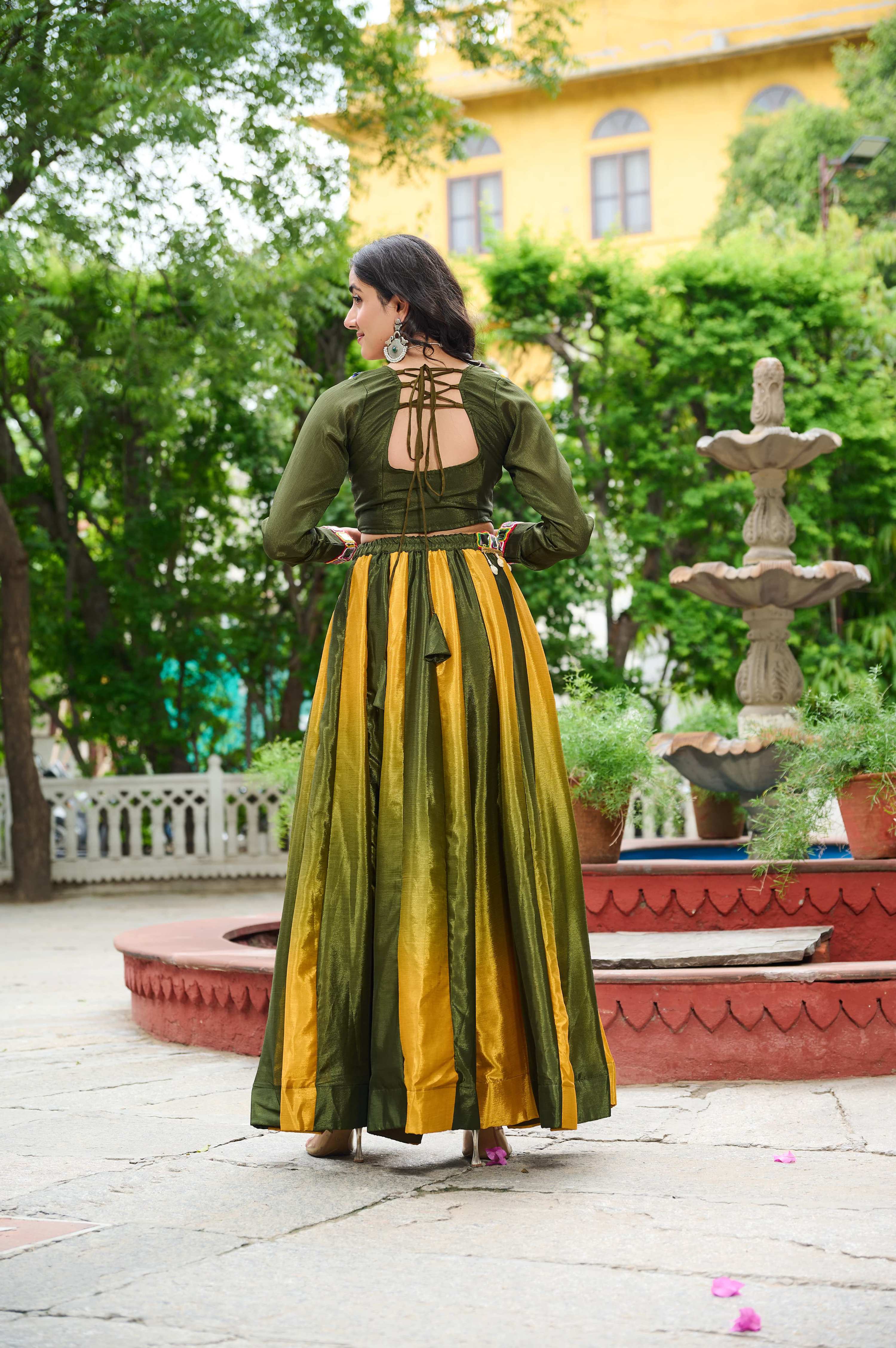 Prazu Fashion Multicolor Chinnon Padding Kutchi Gamthi Embroidered Work Navratri Lehenga