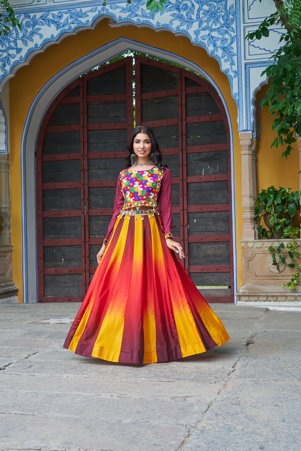 Prazu Fashion Multicolor Chinnon Pedding Kutchi Gamthi Embroidered Work Navratri Lehenga