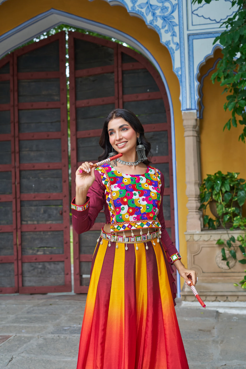 Prazu Fashion Multicolor Chinnon Pedding Kutchi Gamthi Embroidered Work Navratri Lehenga