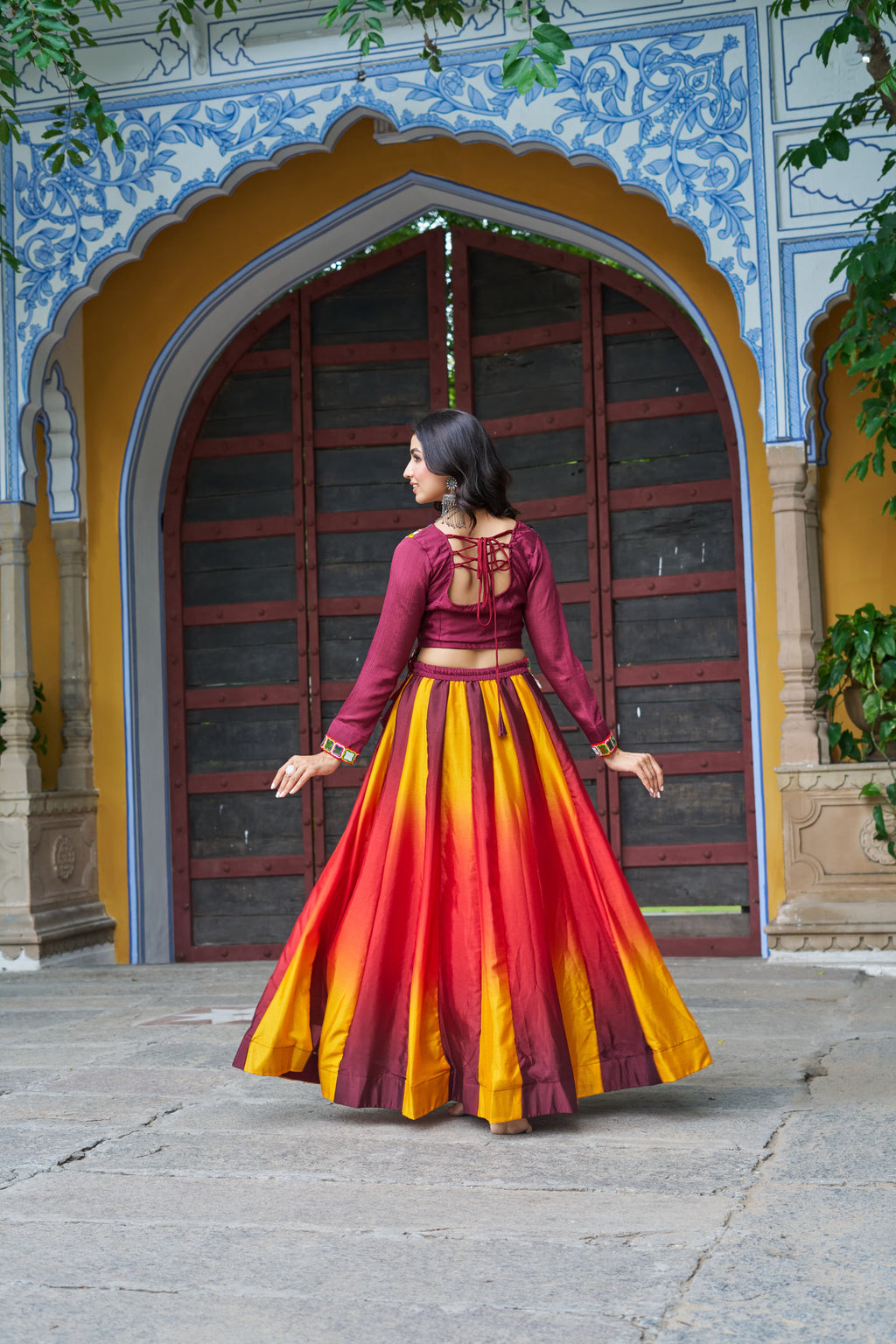 Prazu Fashion Multicolor Chinnon Pedding Kutchi Gamthi Embroidered Work Navratri Lehenga