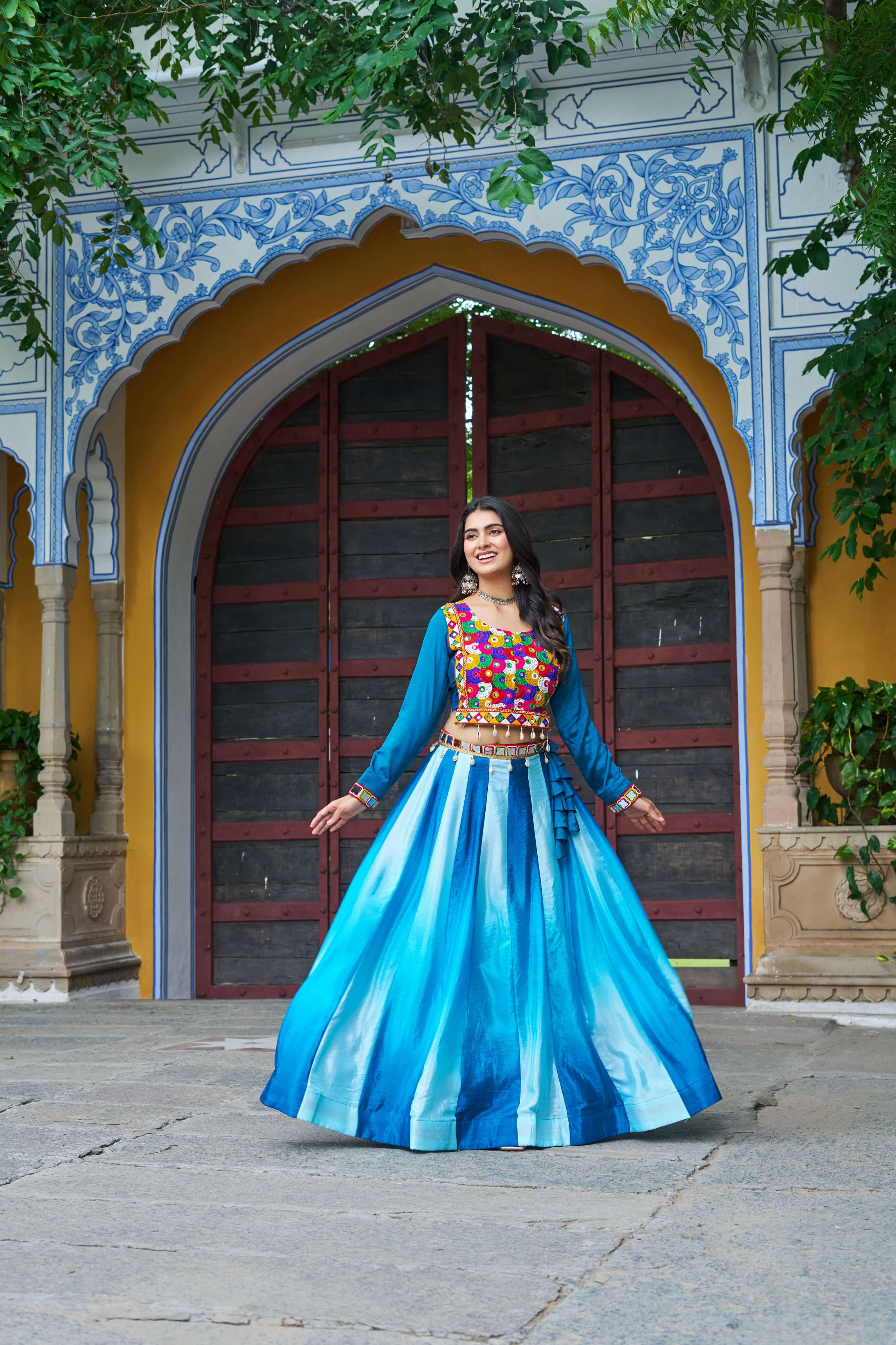 Prazu Fashion Multicolor Chinnon Pedding Kutchi Gamthi Embroidered Work Navratri Lehenga