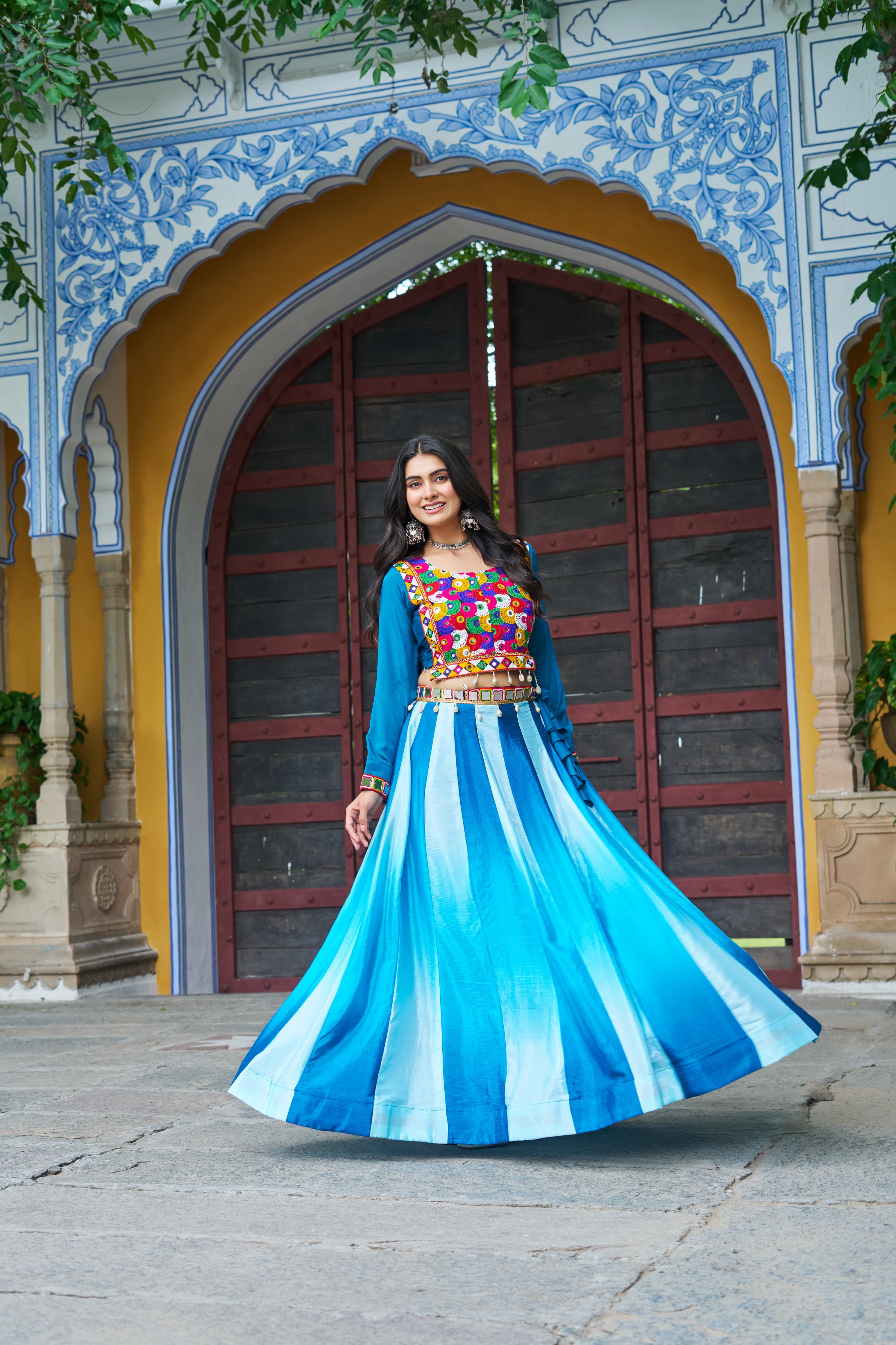 Prazu Fashion Multicolor Chinnon Pedding Kutchi Gamthi Embroidered Work Navratri Lehenga