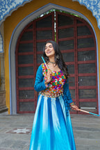 Prazu Fashion Multicolor Chinnon Pedding Kutchi Gamthi Embroidered Work Navratri Lehenga