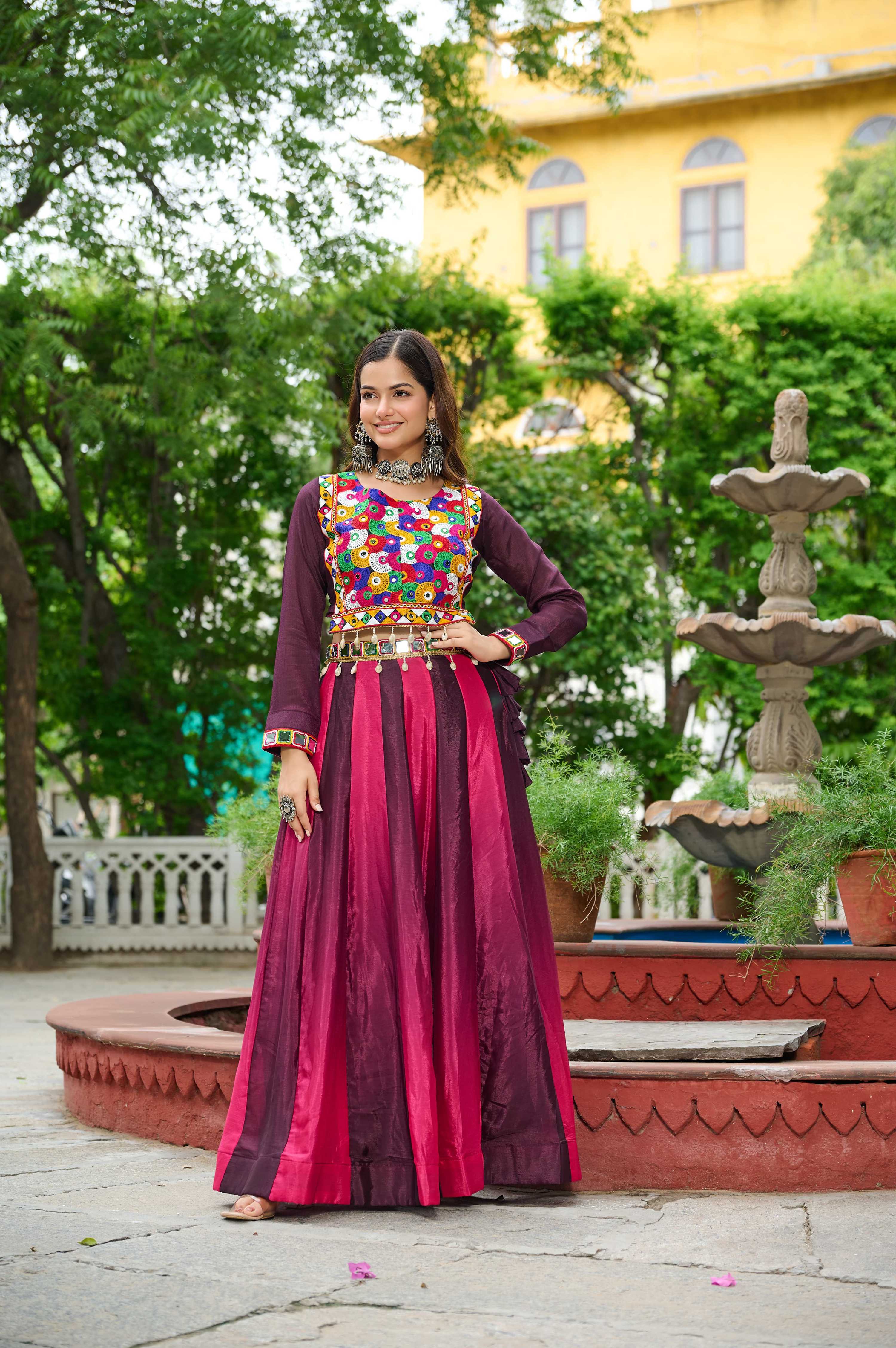Prazu Fashion Multicolor Chinnon Pedding Kutchi Gamthi Embroidered Work Navratri Lehenga